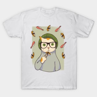 Hipster Cat eating Sushi T-Shirt